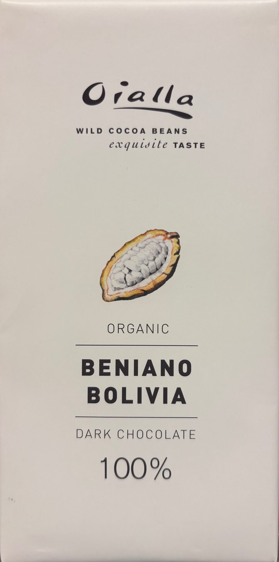 Front packaging of Oialla Bolivia Organic Dark Chocolate 100%. White background with a cacao bean in the center.