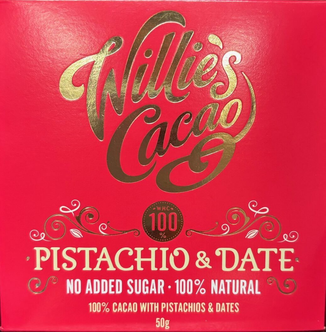 Front red colored packaging of Willie's Cacao 100% Pistachio & Date