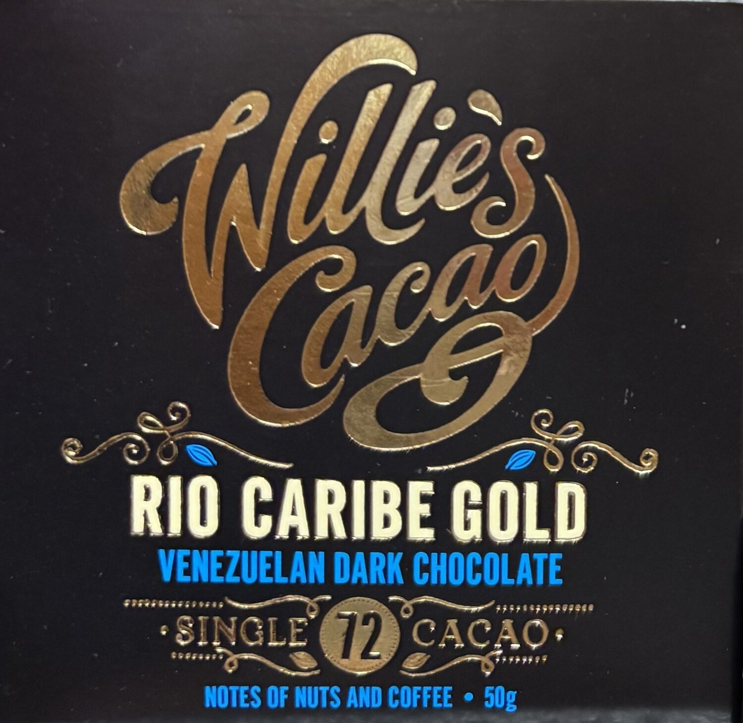 Front black colored packaging of Willie's Cacao 72% Rio Caribe Gold
