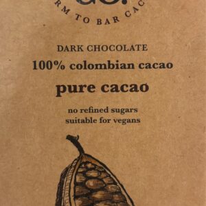 Front packaging of Cox & Co 100% Dark Chocolate Colombian Cacao with sketch of cacao bean